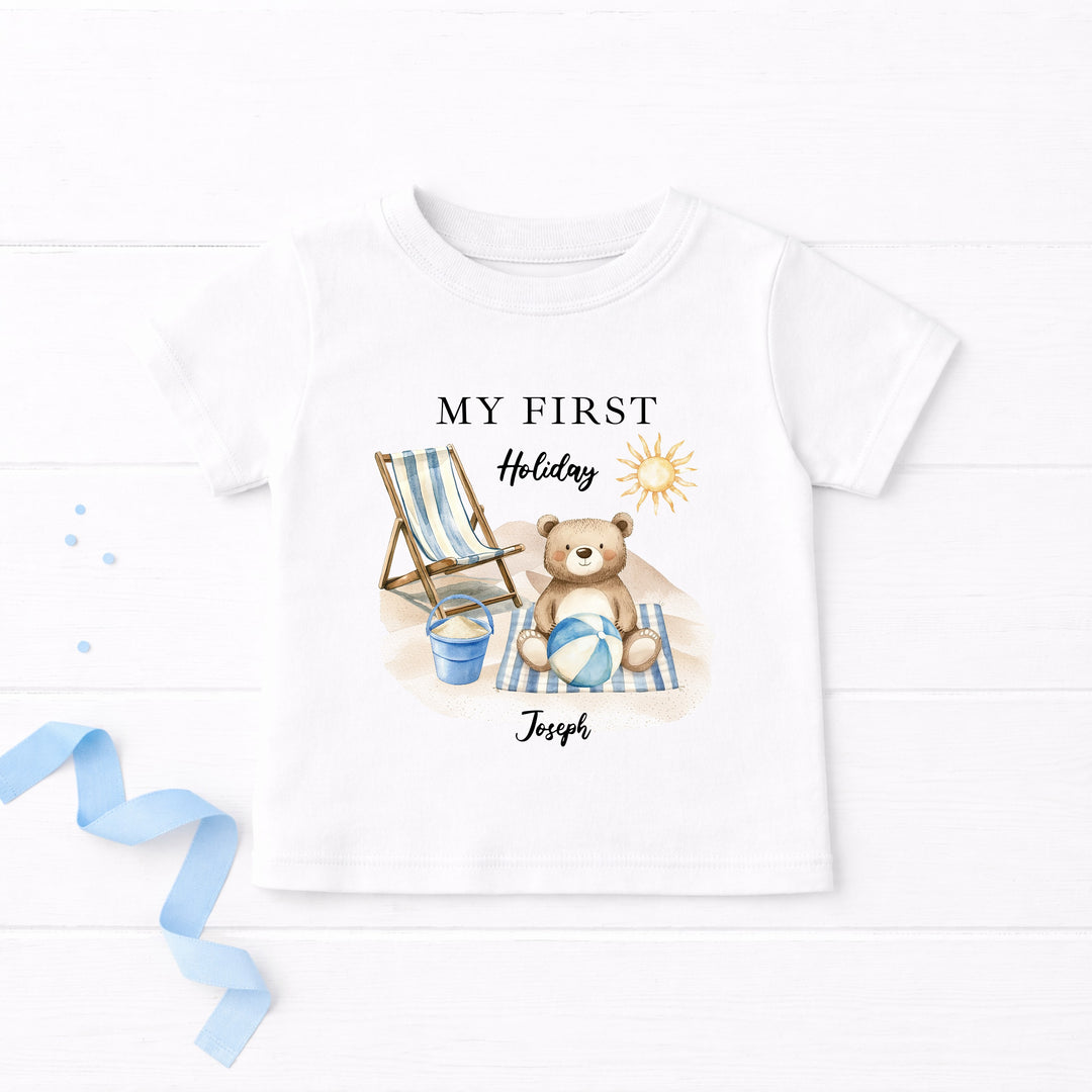 Personalised Blue Bear My First Holiday T-Shirt