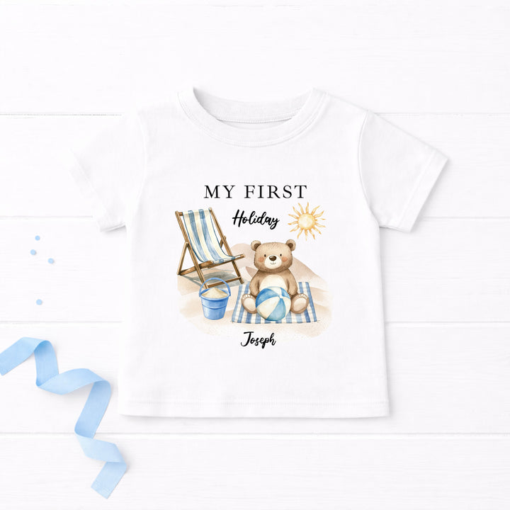 Personalised Blue Bear My First Holiday T-Shirt
