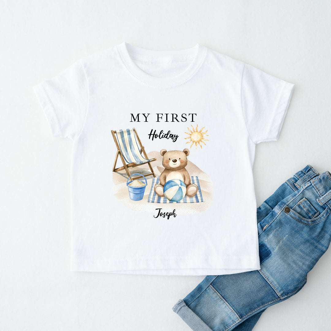Personalised Blue Bear My First Holiday T-Shirt