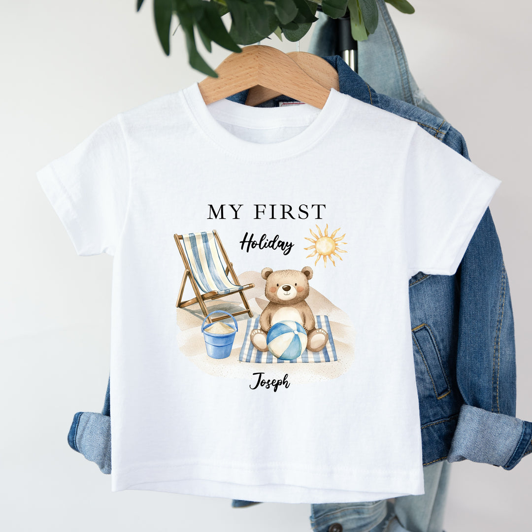 Personalised Blue Bear My First Holiday T-Shirt