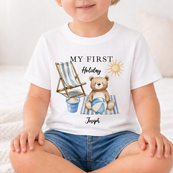Personalised Blue Bear My First Holiday T-Shirt