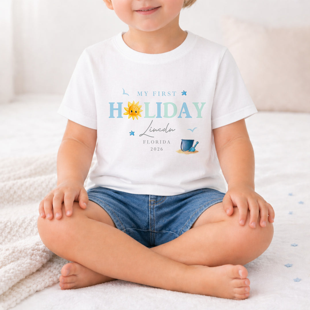 Personalised Blue Sun My First Holiday T-Shirt