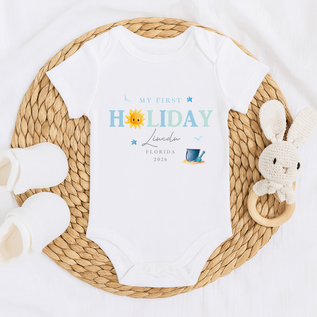 Personalised Blue Sun My First Holiday Baby Grow or Vest