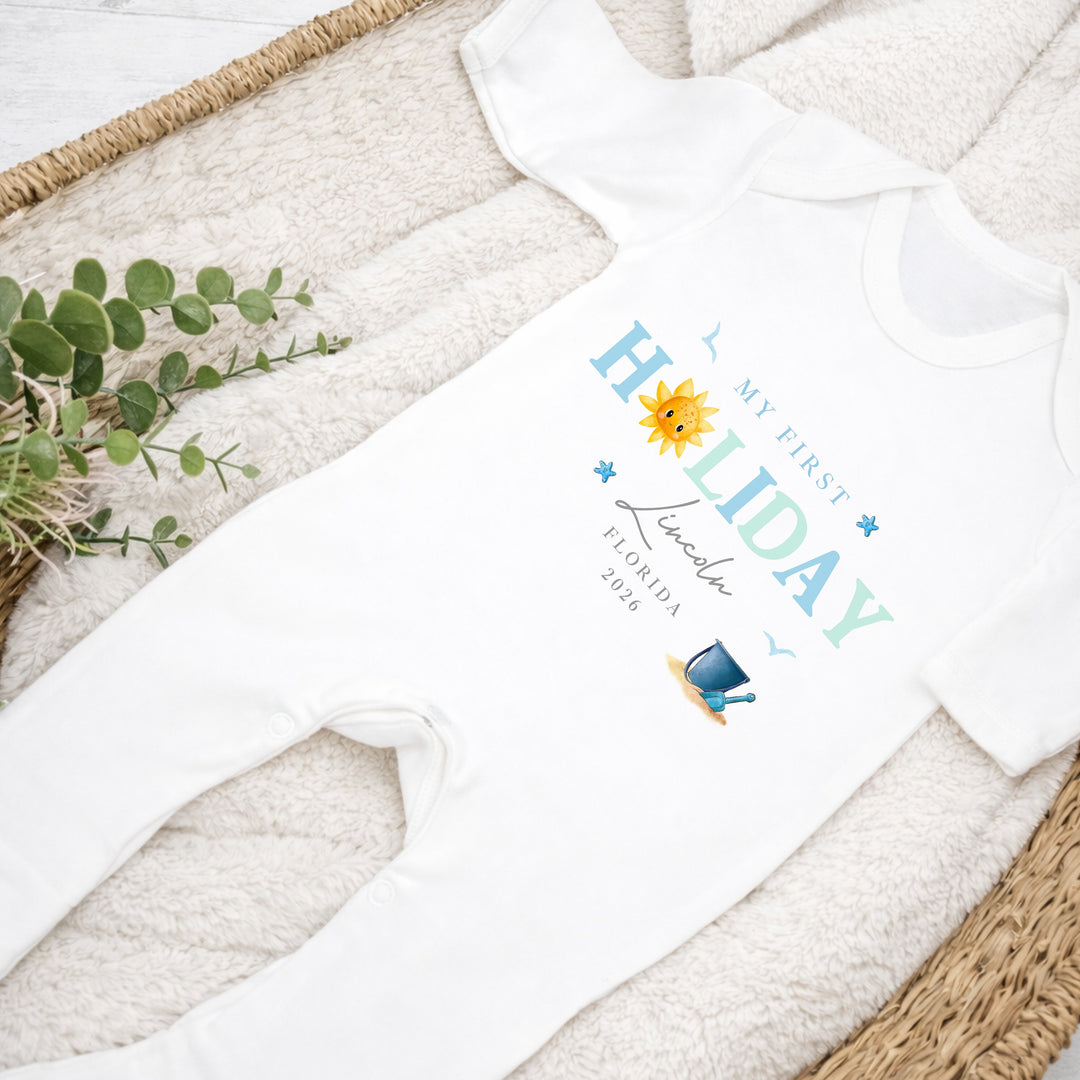 Personalised Blue Sun My First Holiday Baby Grow or Vest