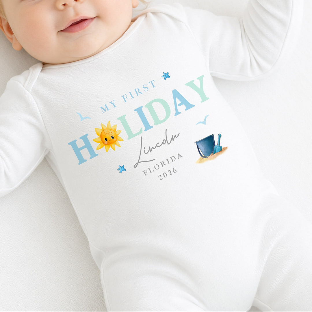 Personalised Blue Sun My First Holiday Baby Grow or Vest