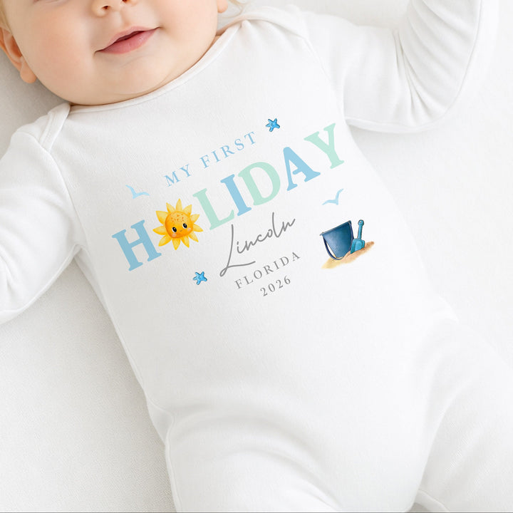 Personalised Blue Sun My First Holiday Baby Grow or Vest