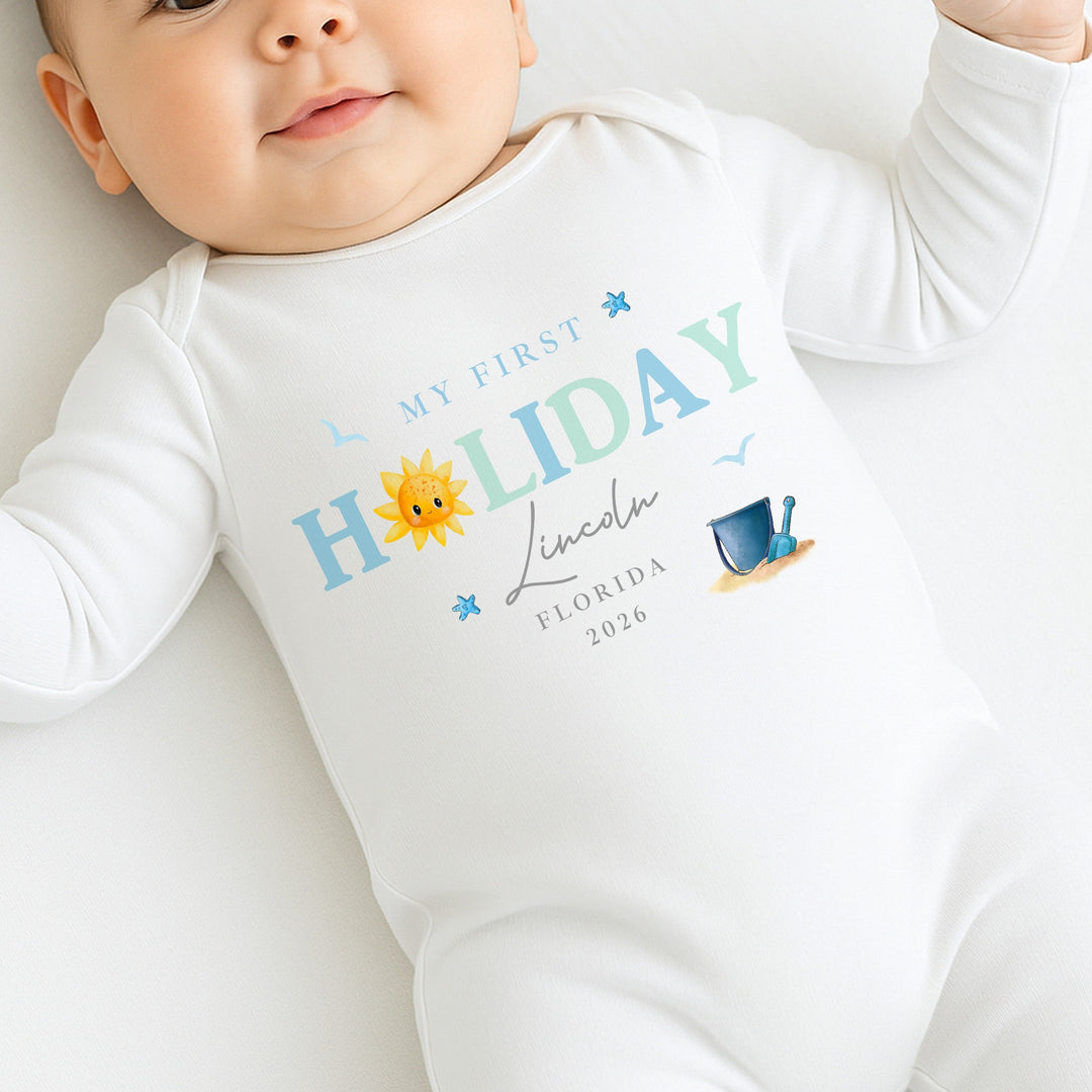 Personalised Blue Sun My First Holiday Baby Grow or Vest