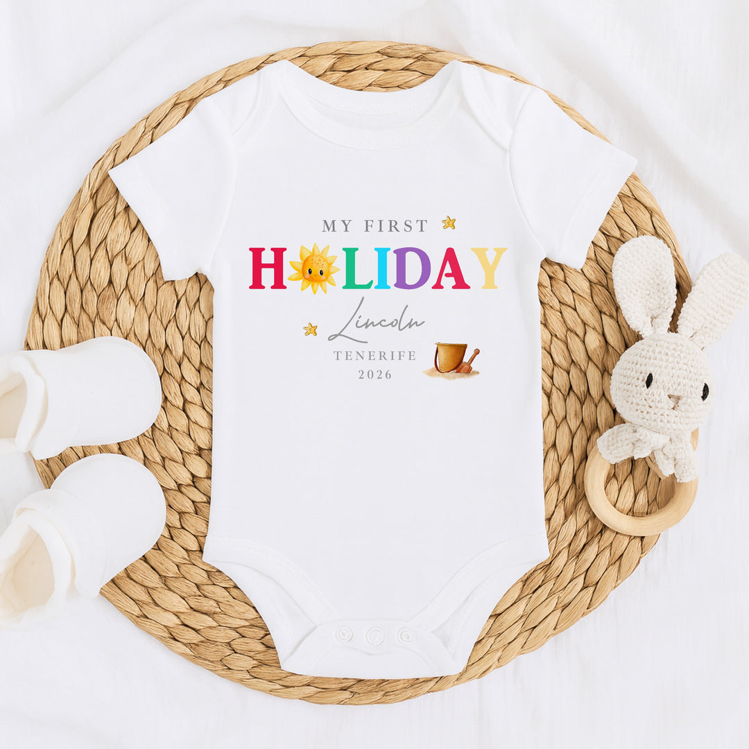 Personalised Sun My First Holiday Baby Grow or Vest