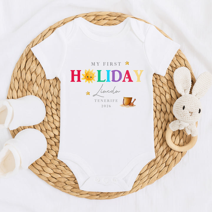 Personalised Sun My First Holiday Baby Grow or Vest