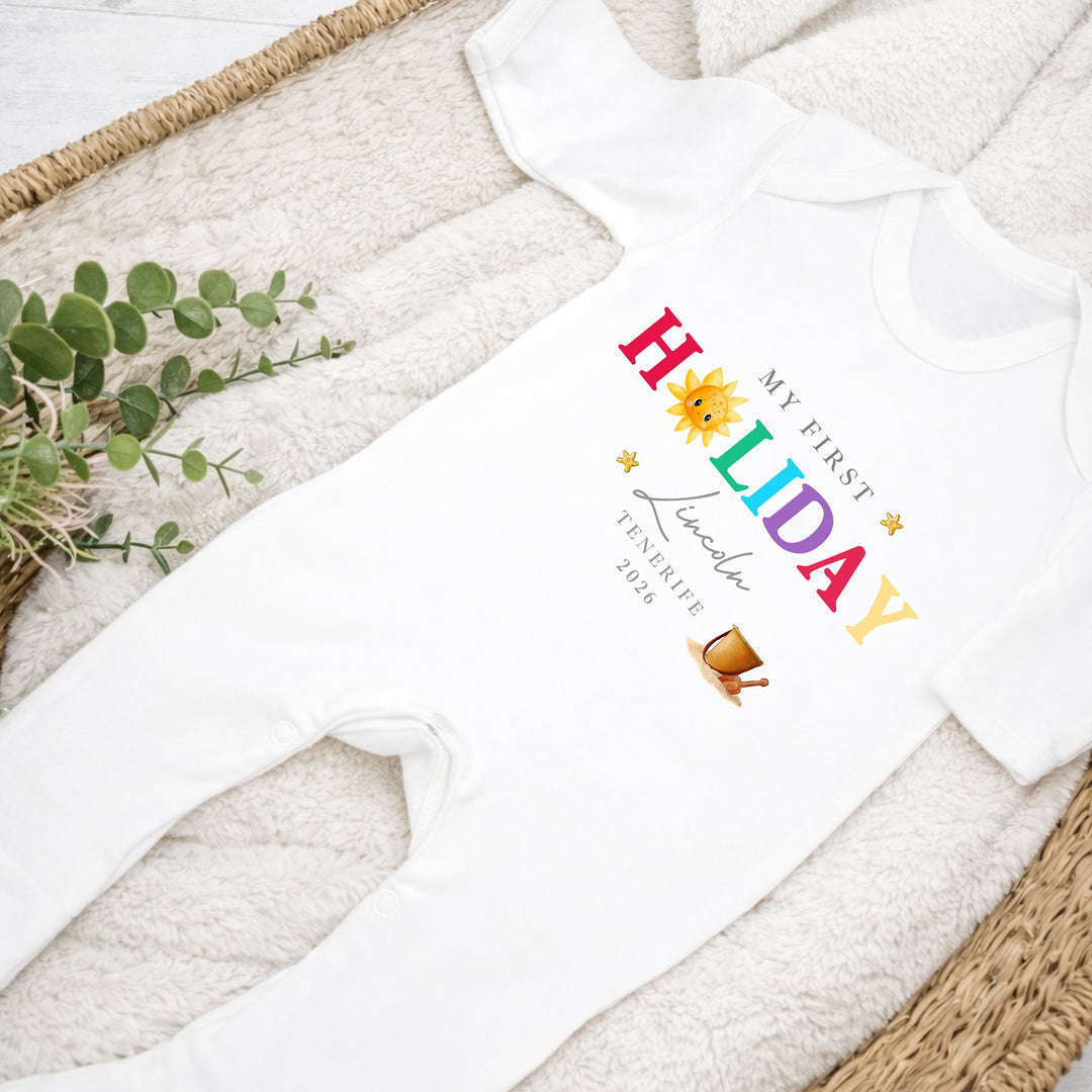 Personalised Sun My First Holiday Baby Grow or Vest