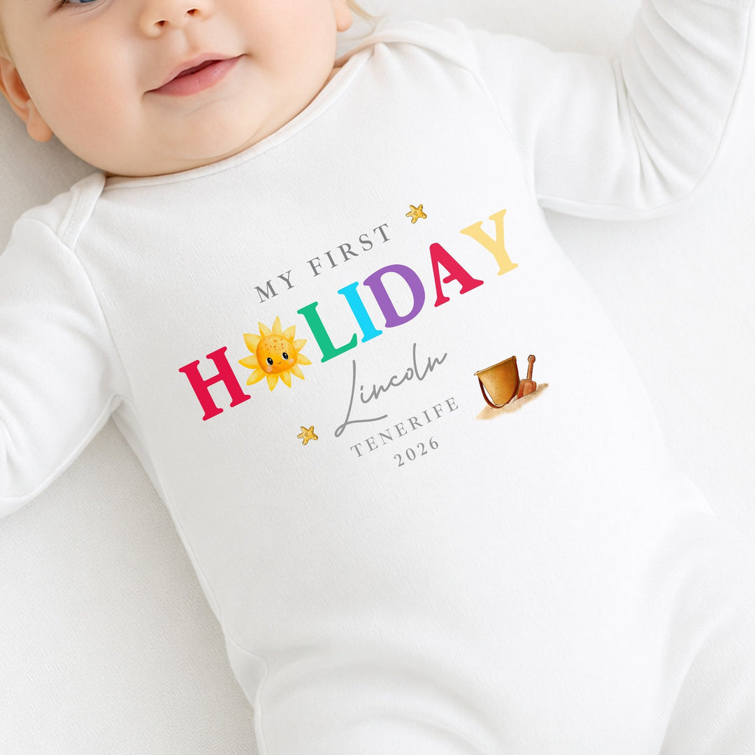 Personalised Sun My First Holiday Baby Grow or Vest