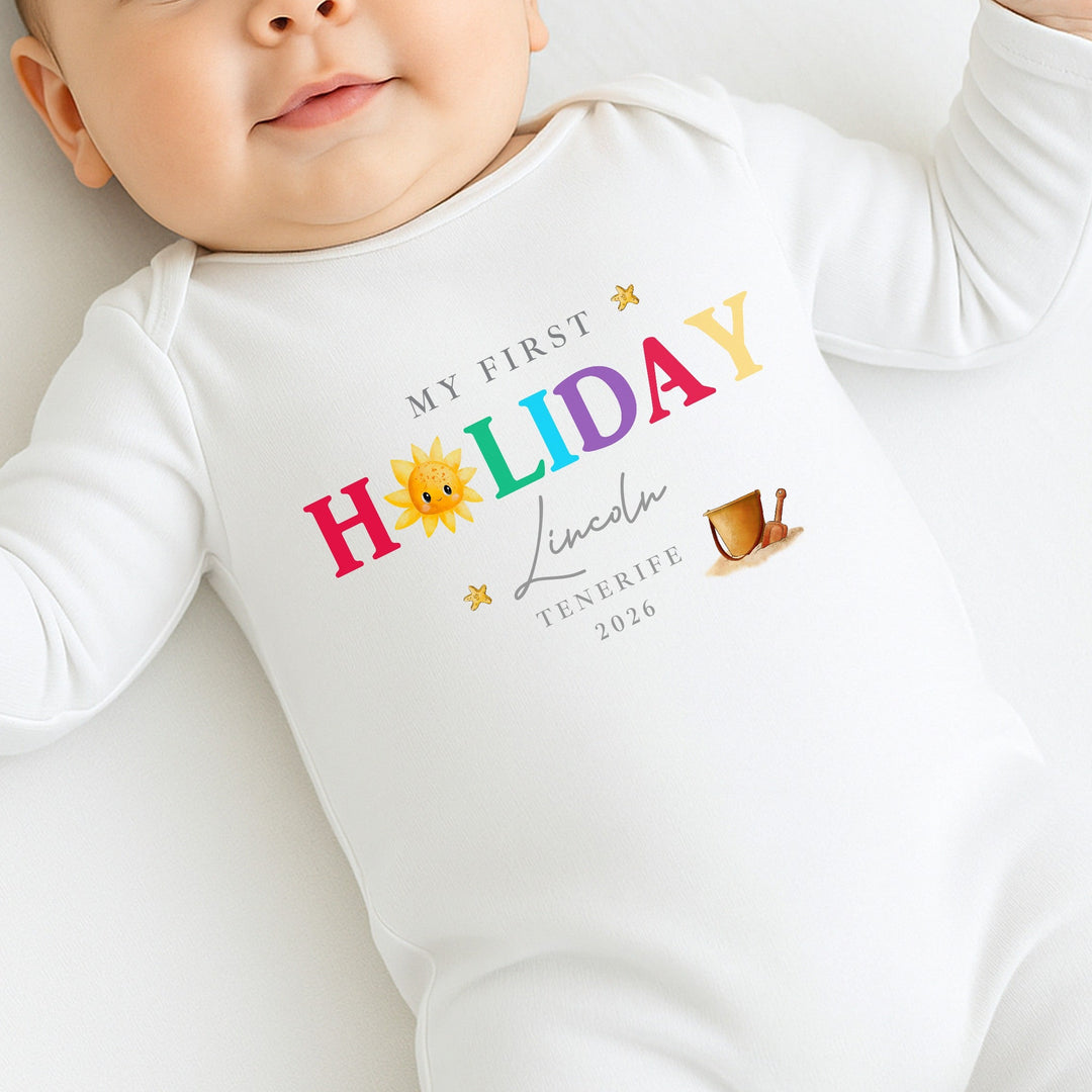 Personalised Sun My First Holiday Baby Grow or Vest
