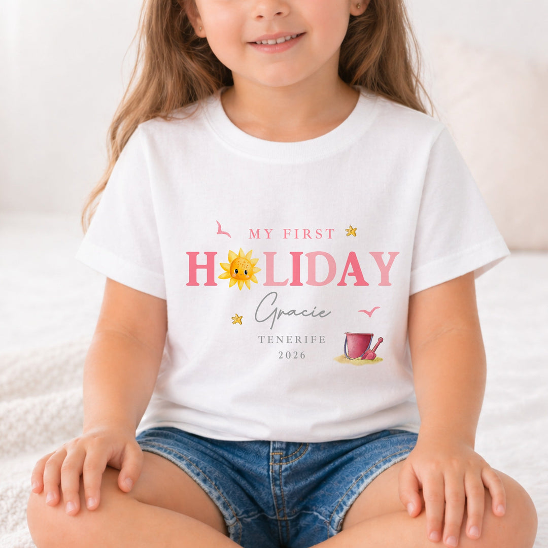 Personalised Pink Sun My First Holiday T-Shirt