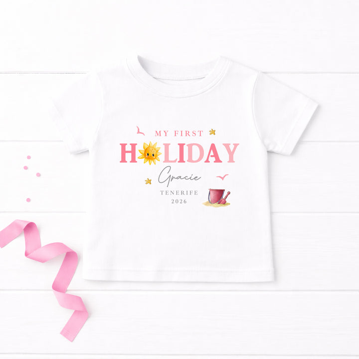Personalised Pink Sun My First Holiday T-Shirt