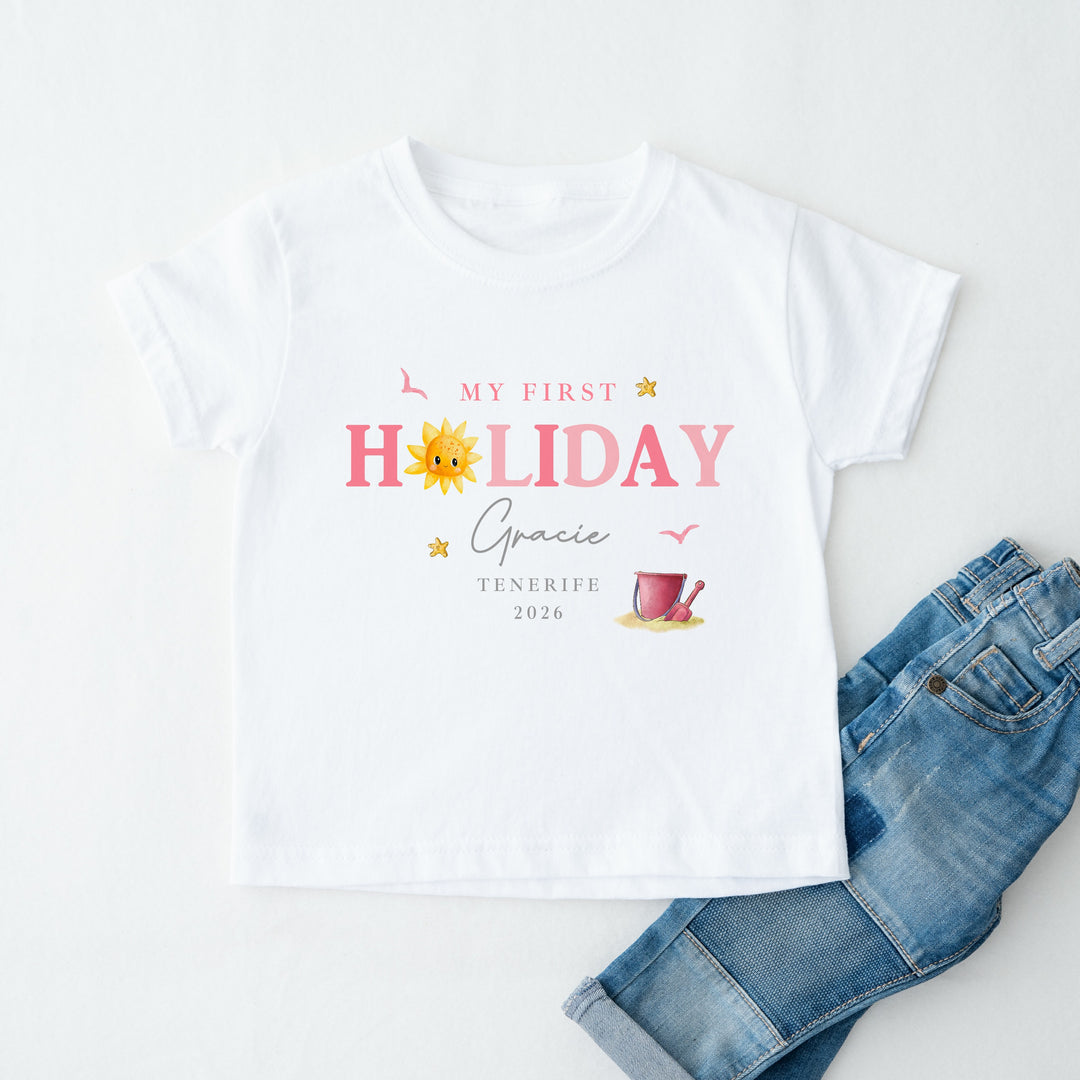 Personalised Pink Sun My First Holiday T-Shirt