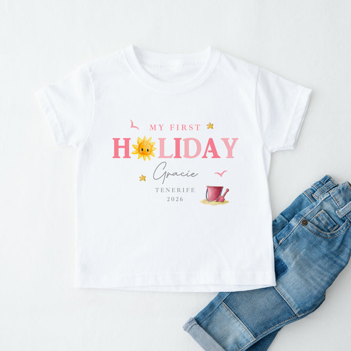 Personalised Pink Sun My First Holiday T-Shirt