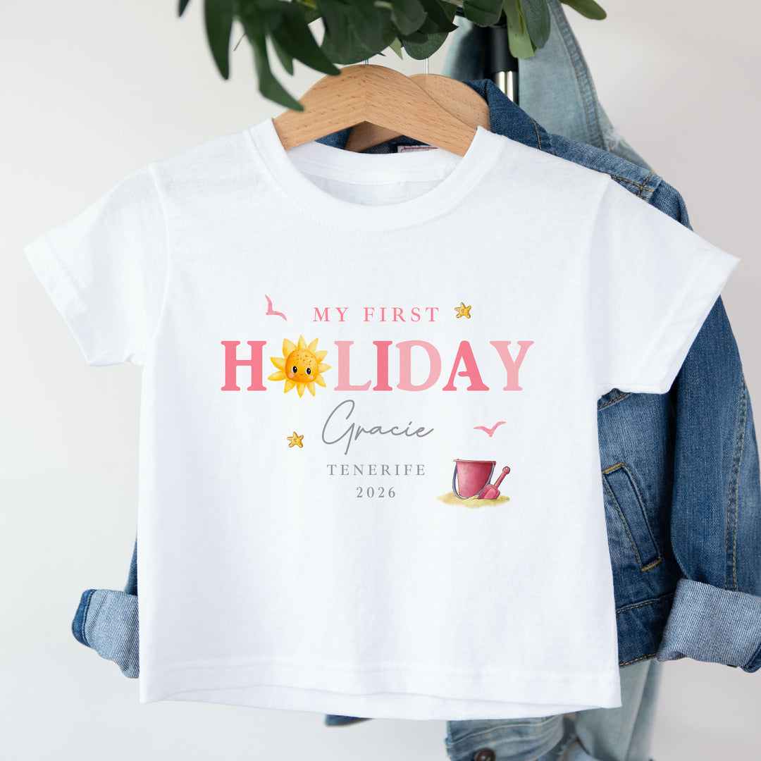 Personalised Pink Sun My First Holiday T-Shirt