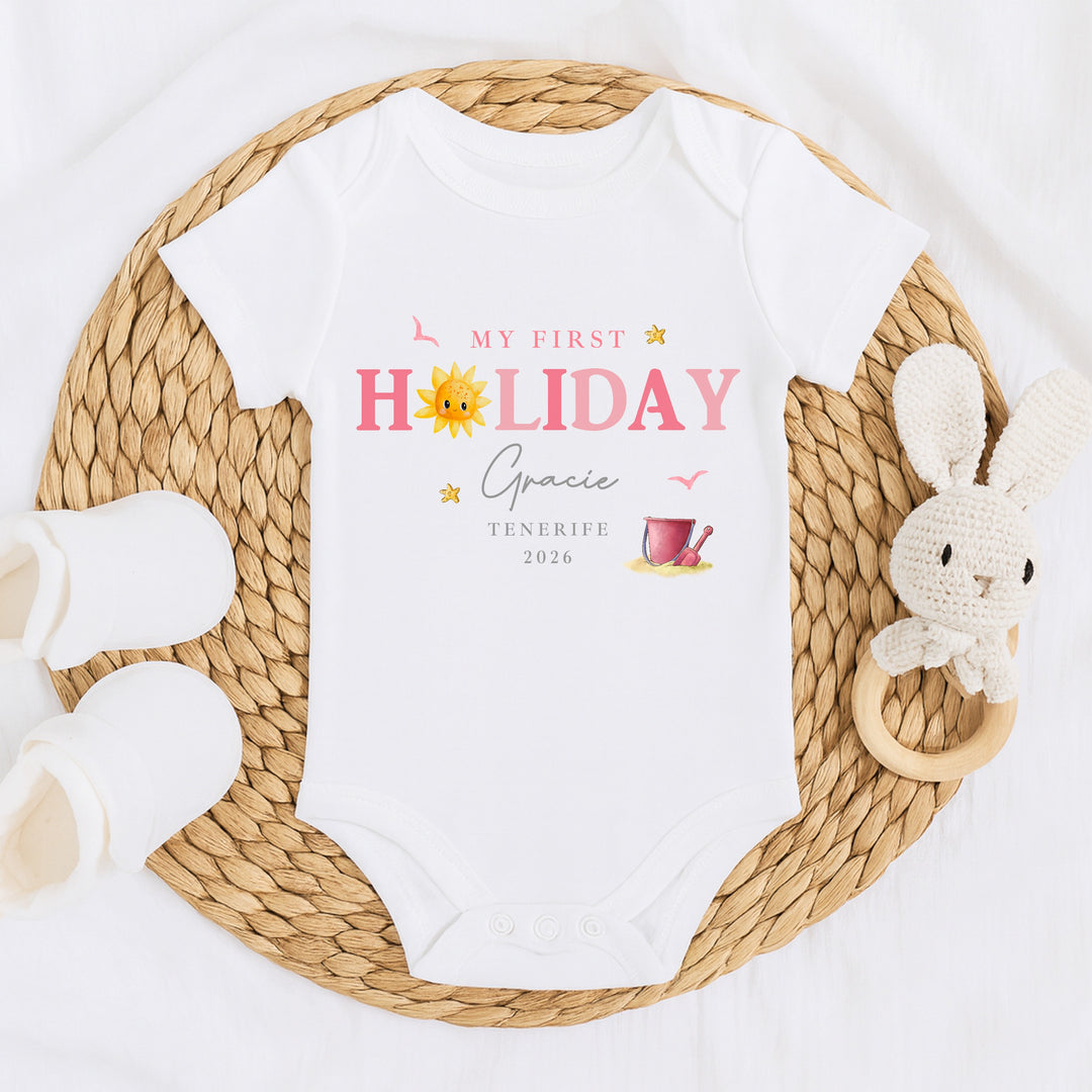 Personalised Pink Sun My First Holiday Baby Grow or Vest