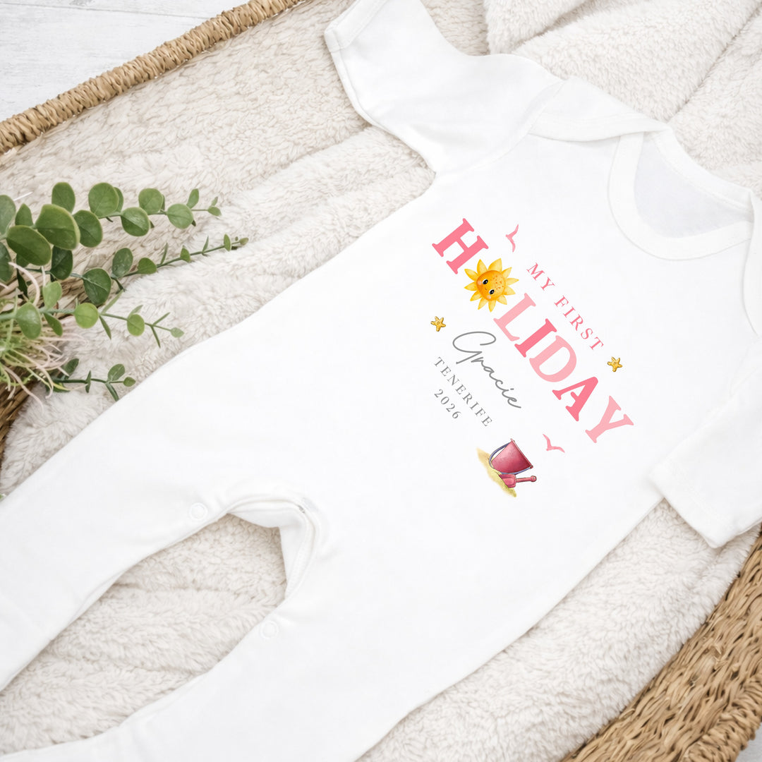 Personalised Pink Sun My First Holiday Baby Grow or Vest