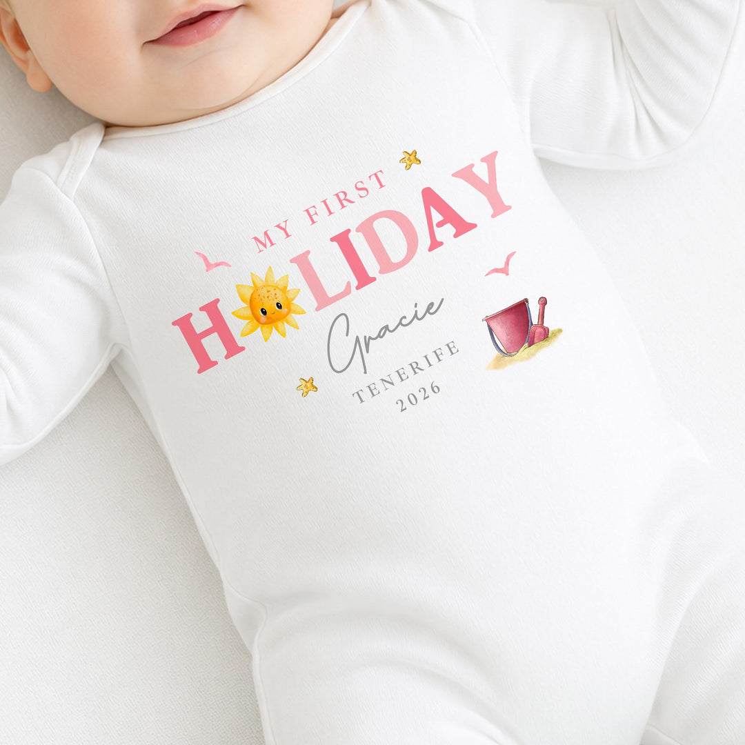 Personalised Pink Sun My First Holiday Baby Grow or Vest