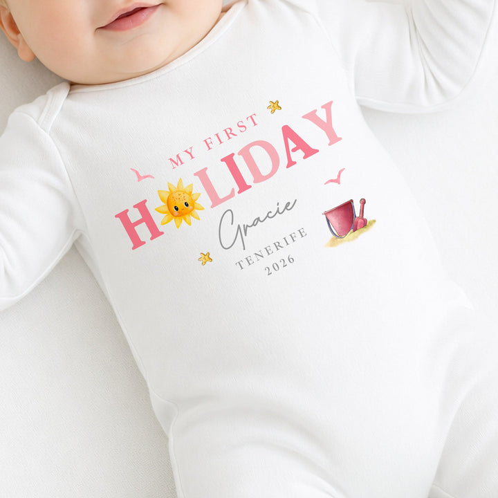 Personalised Pink Sun My First Holiday Baby Grow or Vest