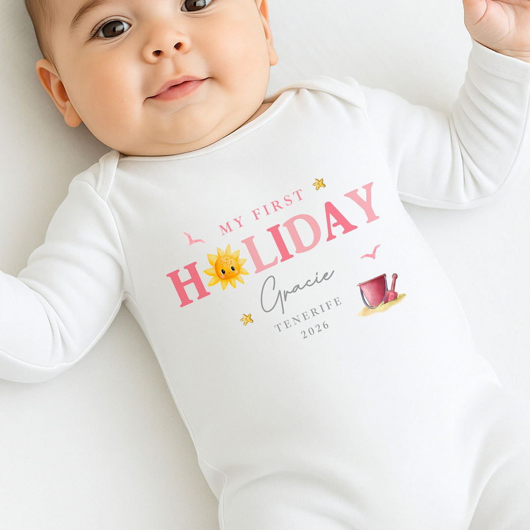 Personalised Pink Sun My First Holiday Baby Grow or Vest