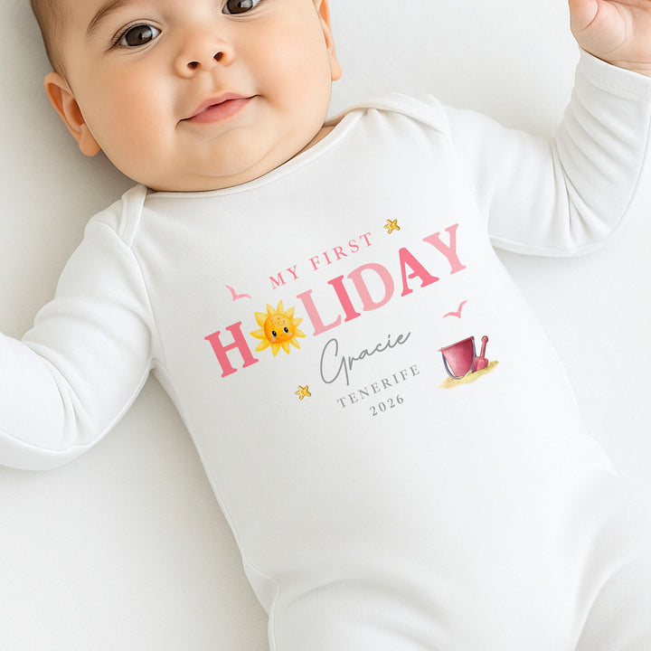Personalised Pink Sun My First Holiday Baby Grow or Vest