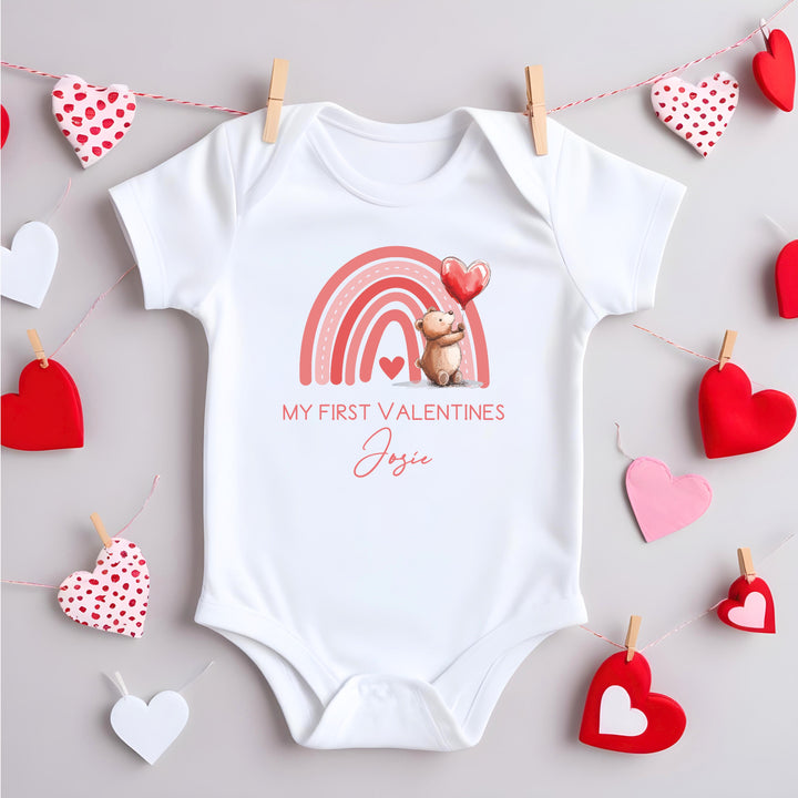 Personalised My First Valentines Day Rainbow Bear Babygrow/Vest