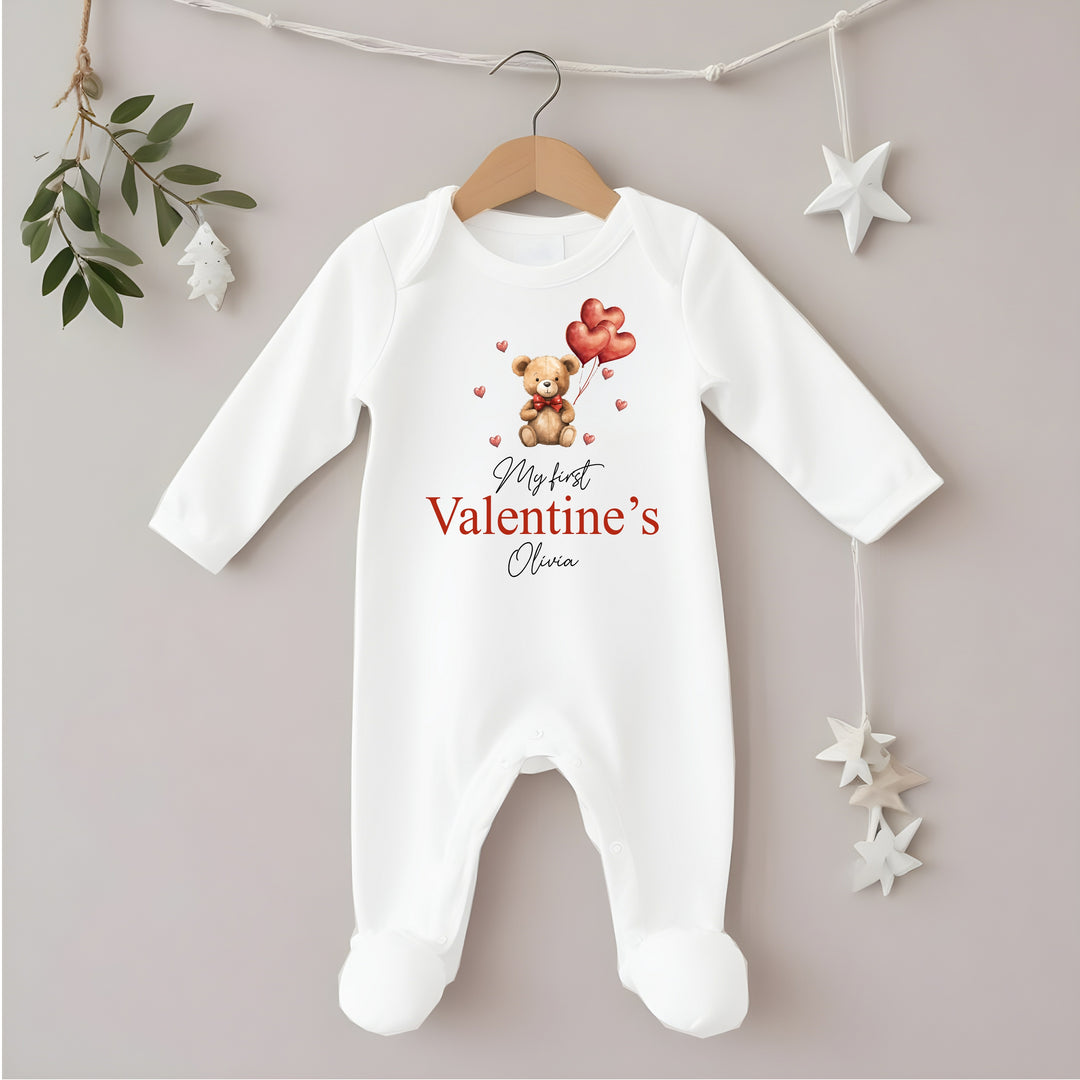 Personalised Our First Valentines Day Bears Balloons Babygrow/Vest