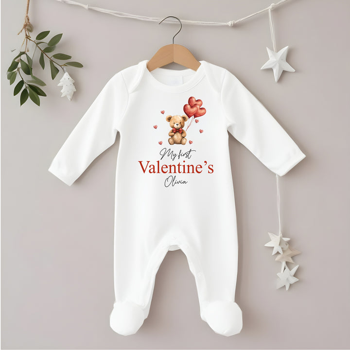 Personalised Our First Valentines Day Bears Balloons Babygrow/Vest