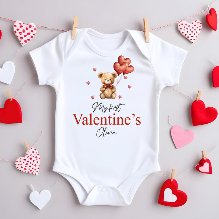 Personalised Our First Valentines Day Bears Balloons Babygrow/Vest