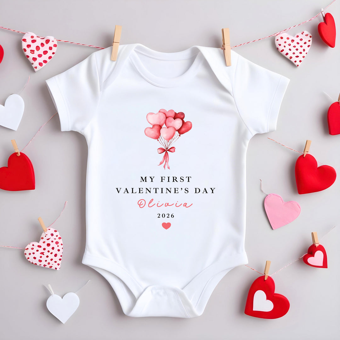 Personalised Heart Balloons My First Valentines Day Baby Grow, Vest or Bib