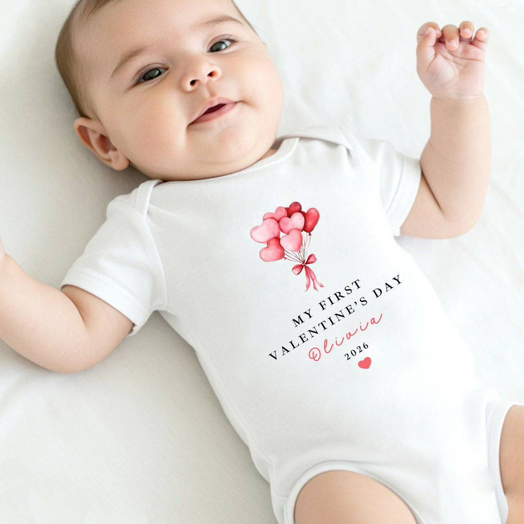 Personalised Heart Balloons My First Valentines Day Baby Grow, Vest or Bib