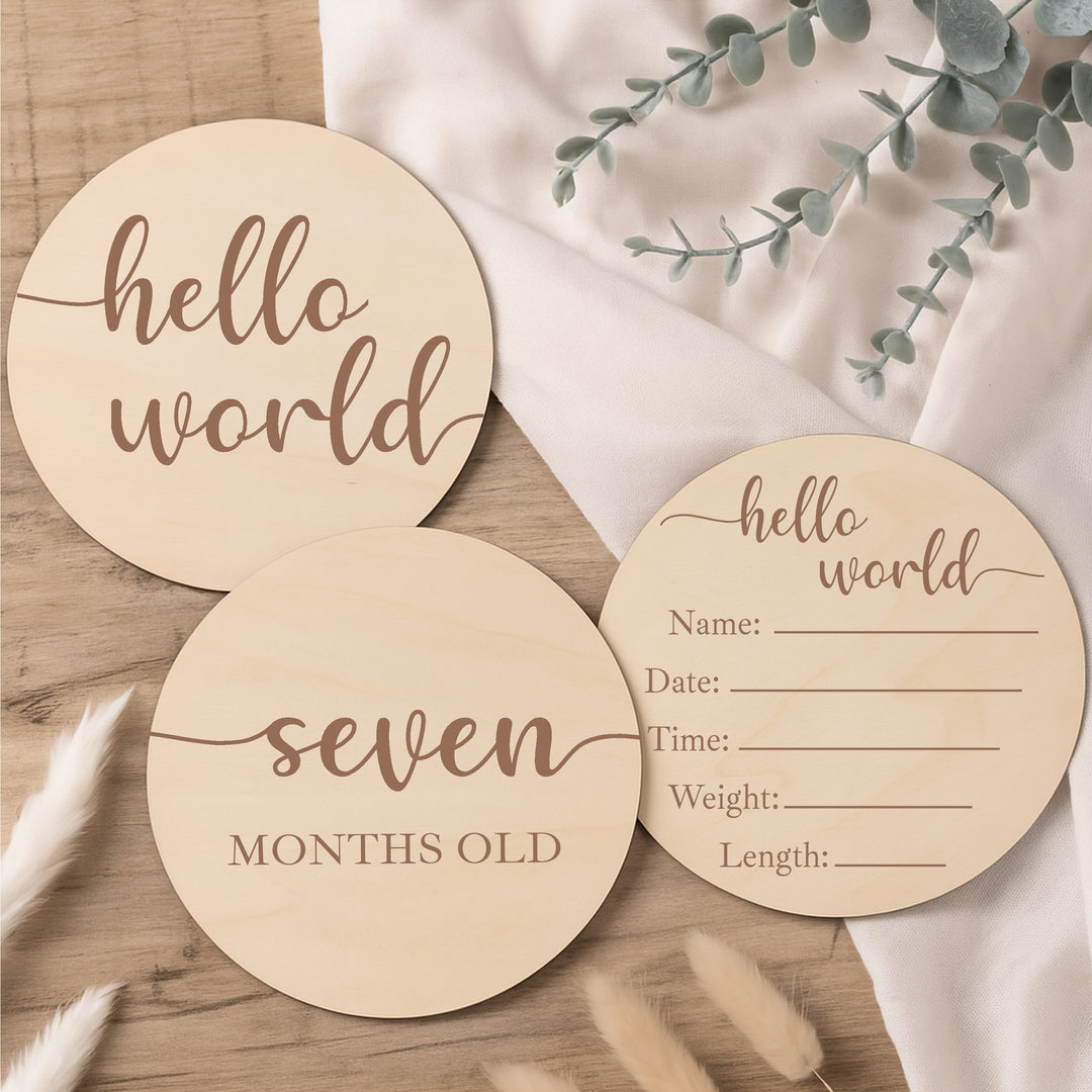 Script Hello World Baby Milestone Wooden Plaque Set