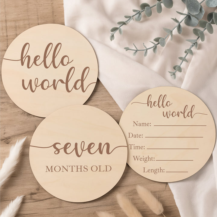 Script Hello World Baby Milestone Wooden Plaque Set