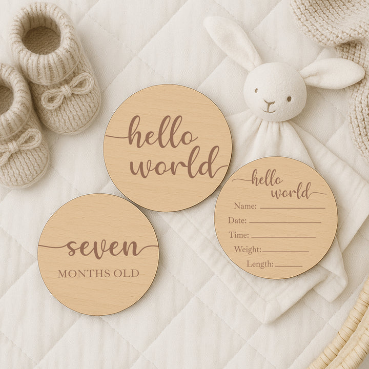 Script Hello World Baby Milestone Wooden Plaque Set