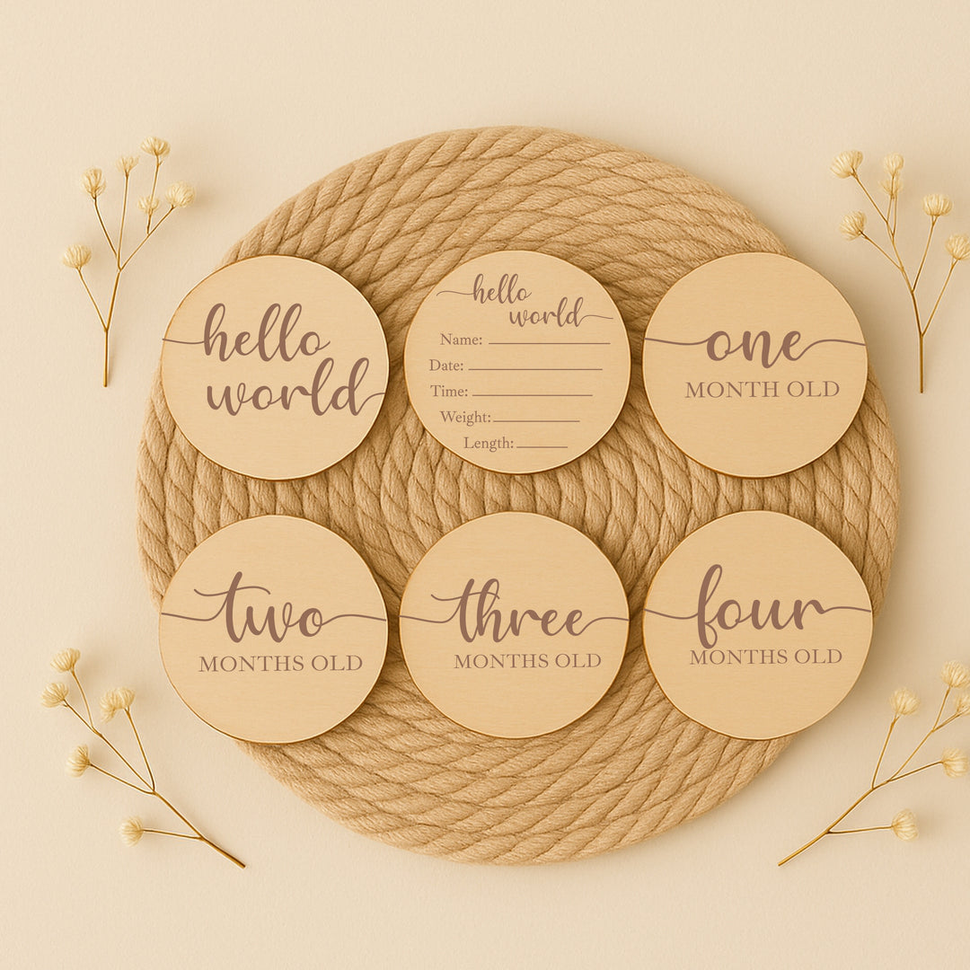 Script Hello World Baby Milestone Wooden Plaque Set
