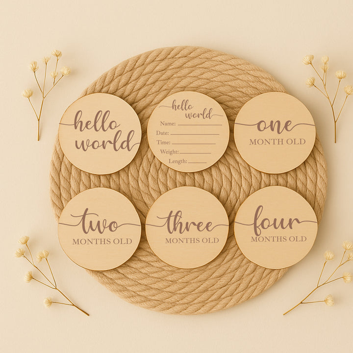 Script Hello World Baby Milestone Wooden Plaque Set
