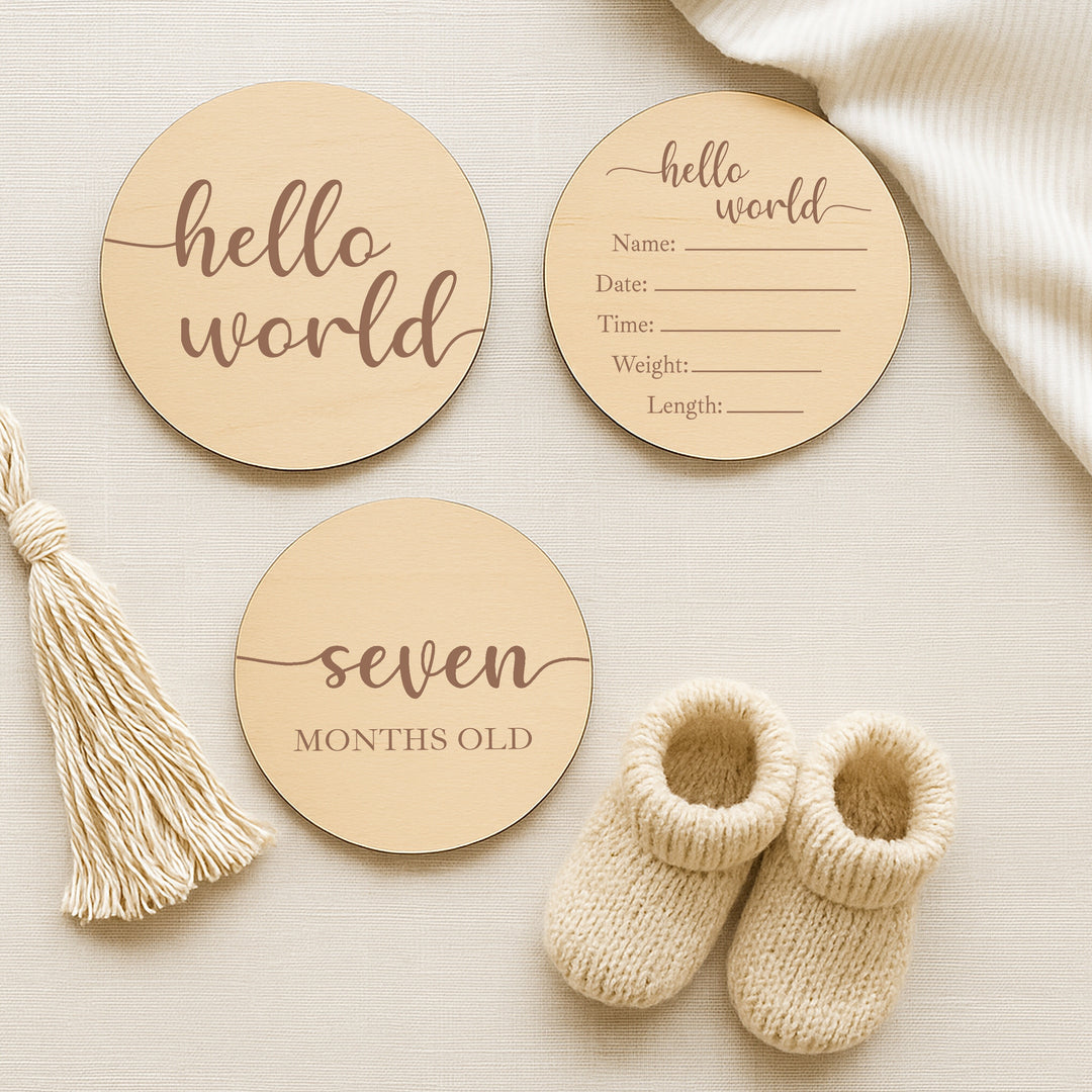 Script Hello World Baby Milestone Wooden Plaque Set