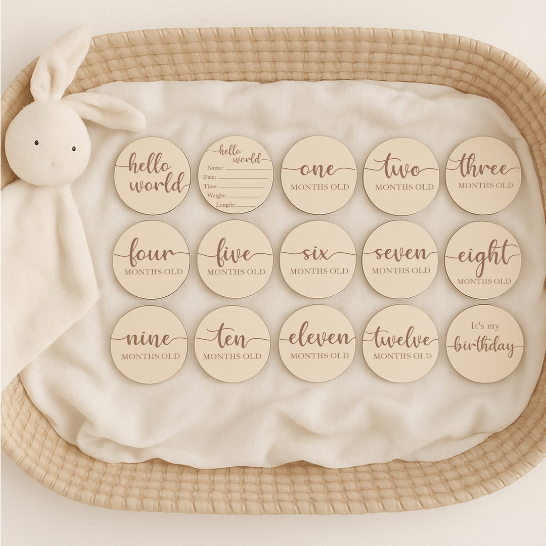 Script Hello World Baby Milestone Wooden Plaque Set