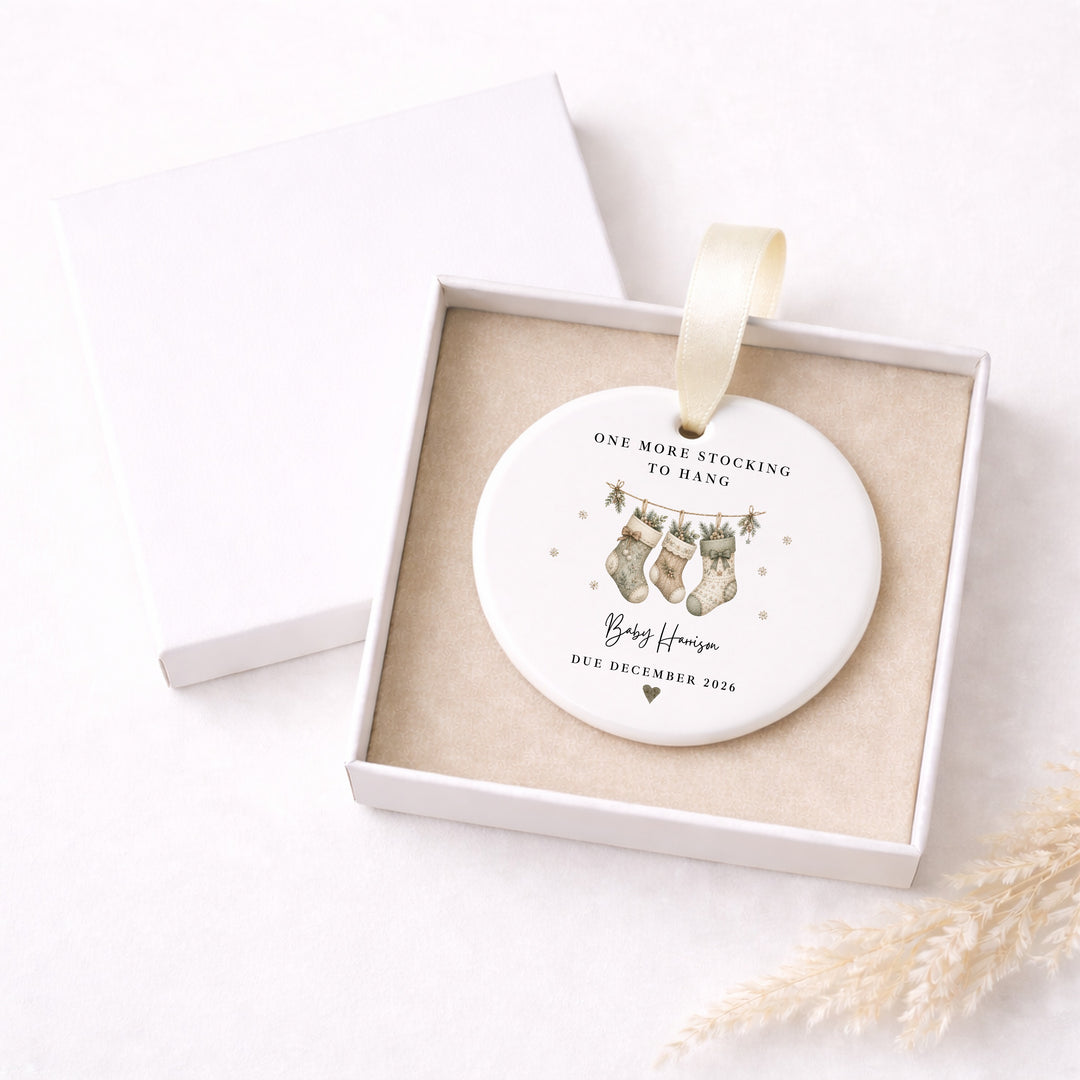 Personalised One More Stocking To Hang Baby Announcement Christmas Bauble