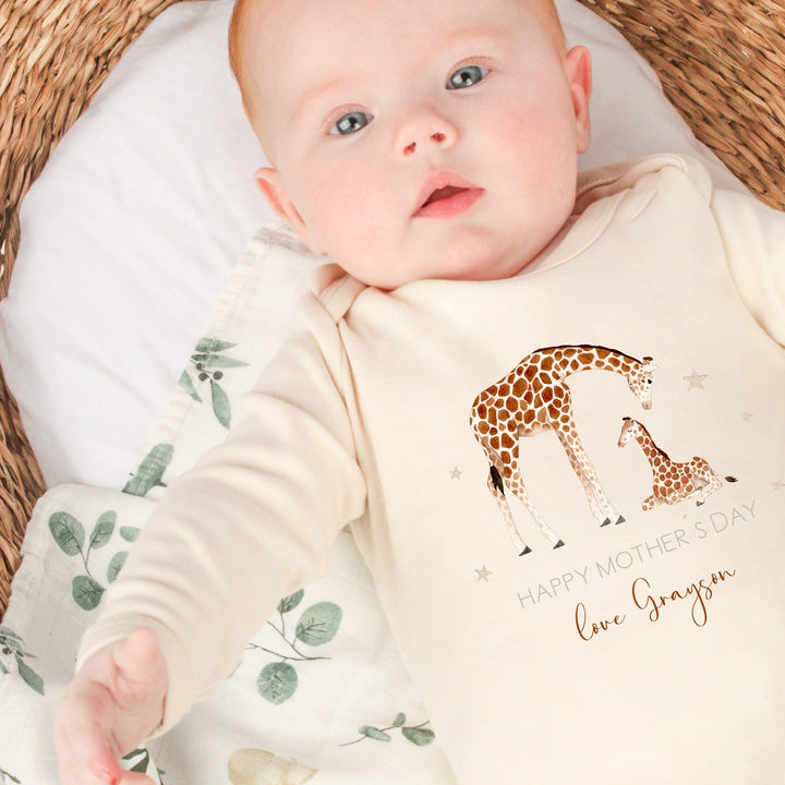 Personalised Our First Mother's Day Giraffes Beige Babygrow