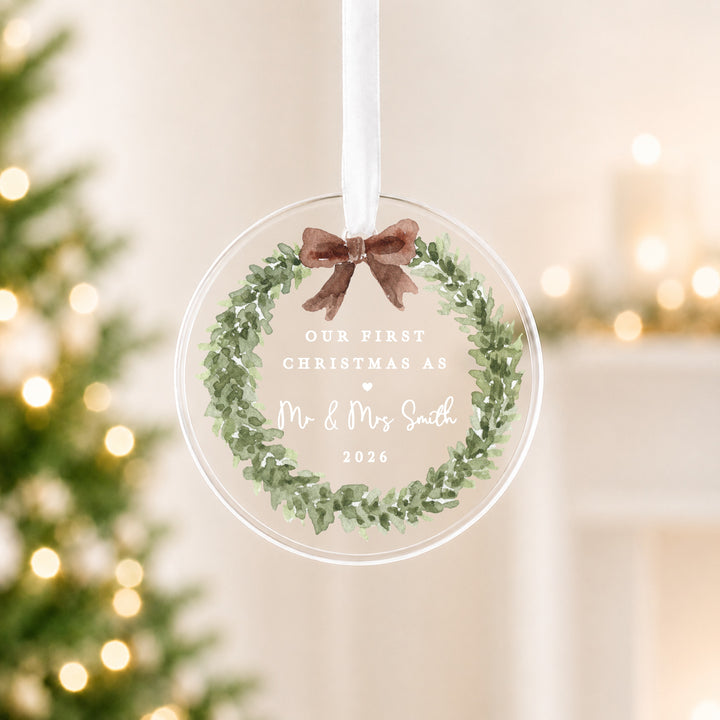 Personalised Wreath Our First Christmas Married Acrylic Christmas Bauble