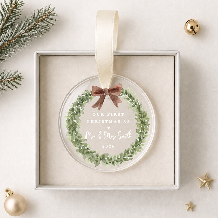Personalised Wreath Our First Christmas Married Acrylic Christmas Bauble
