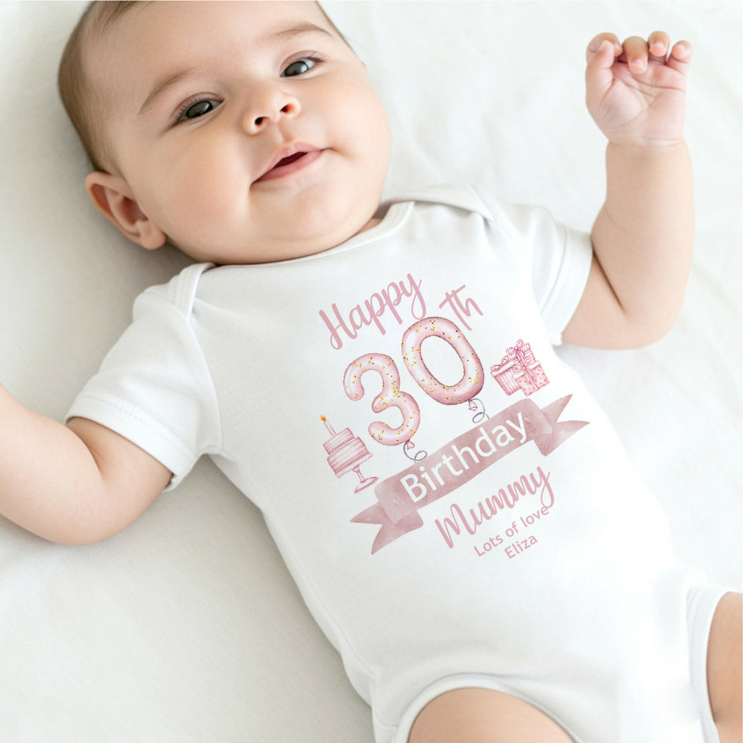 Personalised Happy 30th Birthday Mummy Pink Balloons Babygrow/Vest