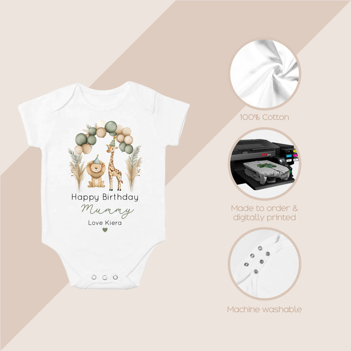Personalised Jungle Party Happy Birthday Mummy Babygrow/Vest