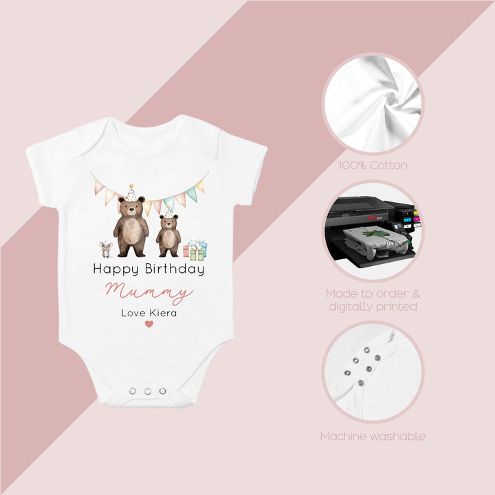 Personalised Red Bears Happy Birthday Mummy Babygrow/Vest