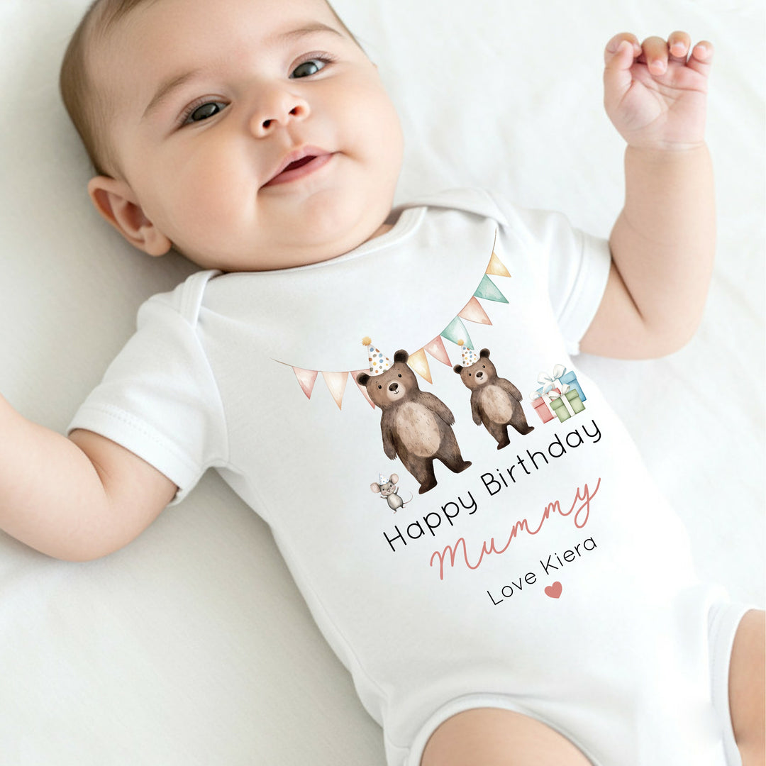 Personalised Red Bears Happy Birthday Mummy Babygrow/Vest
