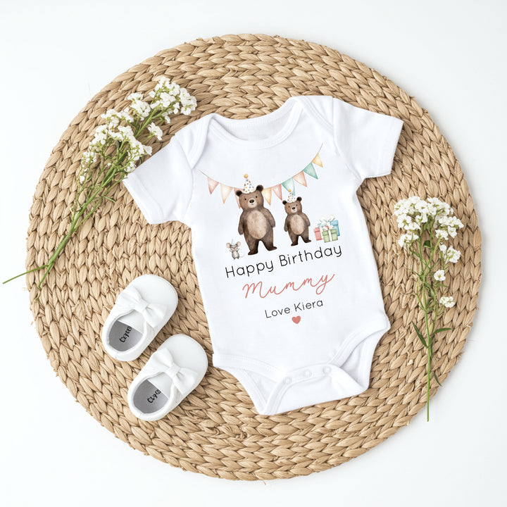 Personalised Red Bears Happy Birthday Mummy Babygrow/Vest