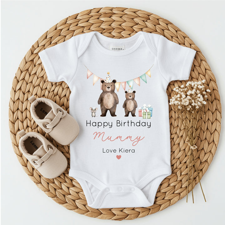 Personalised Red Bears Happy Birthday Mummy Babygrow/Vest